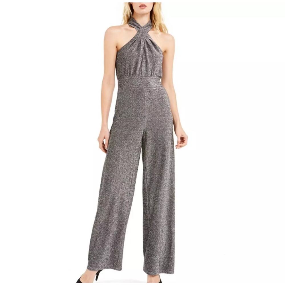 NWT Michael Kors Women’s Halter Neck Lurex Twist Jumpsuit Size XL Silver Gray - Picture 1 of 7